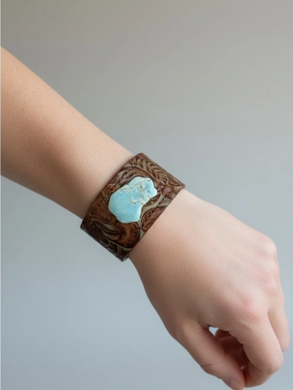 9/17 Brown Leather Cuff Bracelet with Turquoise Accent